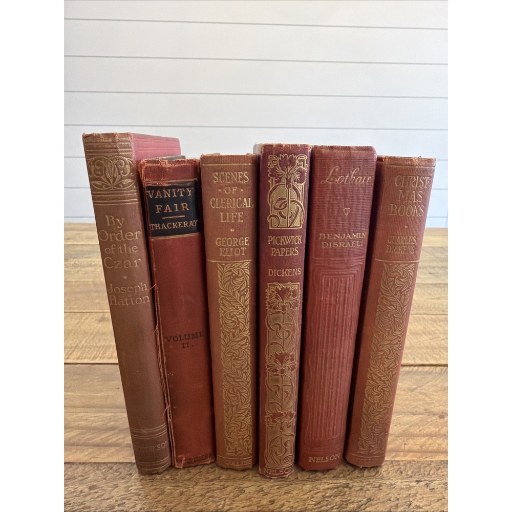 Lot of 7 Antique /Vintage Books Rustic Library Dickens Classics Shelf Decor